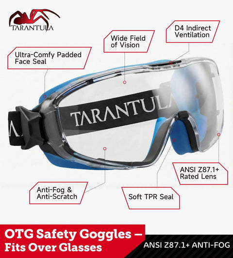 OTG Safety Goggles Over Glasses With Anti Fog And Anti Scratch UV380 Lenses, ANSI Z87.1 Plus High Impact Eye Protection