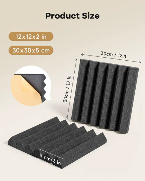 Premium Soundproof 36 Pack Wedge Acoustic Foam Panels Self Adhesive Wall Tiles High Density Fire Resistant Audio Dampening Treatment For Home Studio And Gaming Den Room Vibes Black, 12x12x2 in size details.
