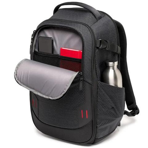 Frontloader M Pro Camera Backpack with side access pocket and tripod mount, displaying padded dividers and durable black exterior.