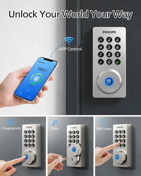 WiFi Smart Door Lock With Keyless Entry And Auto Lock, Remote App Control, Fingerprint, Passcode, And Key Access, Voice Control