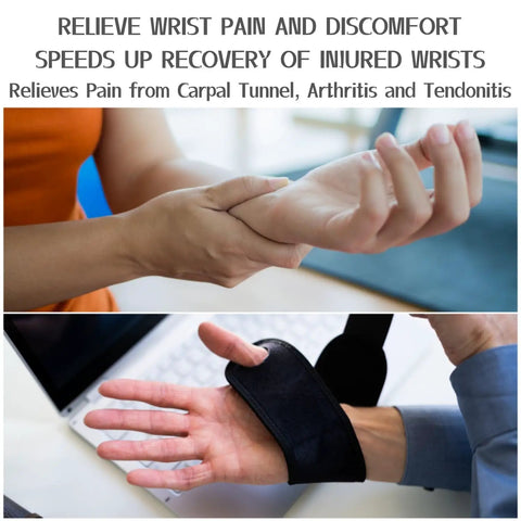 Person wearing black neoprene wrist brace for carpal tunnel, arthritis, and tendonitis pain relief, with adjustable strap.