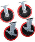 Ironclad 8 Inch Heavy Duty Industrial Caster Wheels With Durable Polyurethane Treads And Reinforced Galvanized Steel Brackets 4 Pack, red wheels on a white background.