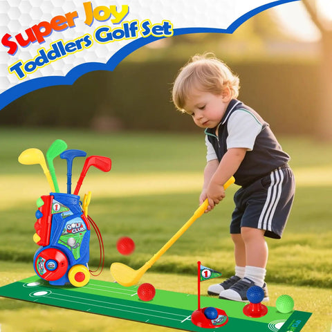 Toddler playing with Toddler Golf Set With Easy Carry Cart, 4 Clubs, 8 Balls, Flags, Holes And Mat Outdoor Mini Golf Kit