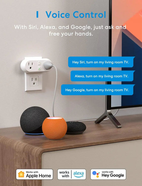Two In One Smart Plug Set That Works With Alexa Google Home Siri HomeKit SmartThings 15A 2 Pack No Hub Required 2.4 GHz WiFi Voice And Remote Control Timer Function plugged into wall showing voice control uses with smart speakers and TV