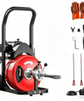 Heavy Duty 100 Foot Automatic Feed Sewer Snake Drain Cleaning Machine Loaded With Six Steel Cutters For Rapid Kitchen Bathroom Floor Pipe Unblock Tasks That Are Absolute No Sweat Wins with red reel and accessories.