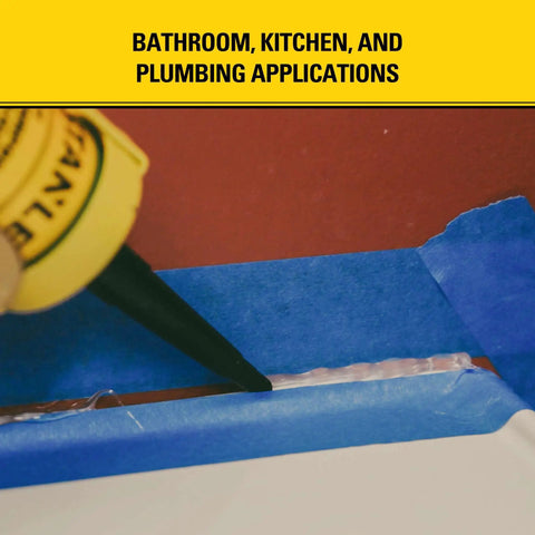 Applying All Purpose RTV Silicone Sealant 48 Tubes 10.1 Fl Oz Each Waterproof White Caulk on tile joint, blue tape visible