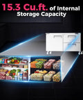 Heavy Duty 60 Inch Commercial Worktop Undercounter Refrigerator With Dual Drawer Door Setup And Six Pan Stainless Steel Prep Cabinet showing 15.3 cu.ft storage.