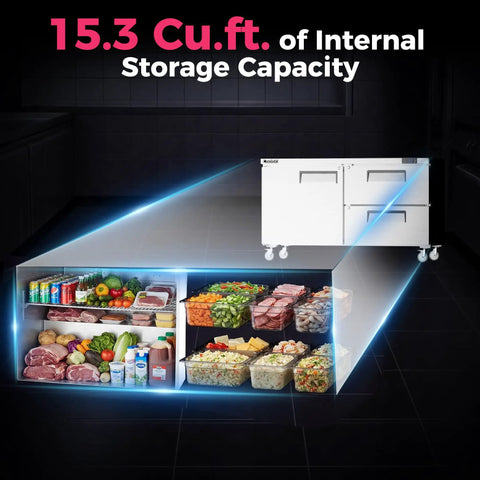 Heavy Duty 60 Inch Commercial Worktop Undercounter Refrigerator With Dual Drawer Door Setup And Six Pan Stainless Steel Prep Cabinet showing 15.3 cu.ft storage.