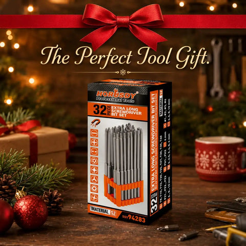 Thirty Two Piece Extra Long Security Power Bit Set With Quarter Inch Hex Shank Hardcore Tough S2 Steel Build in festive setting