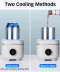On Point Desktop Drink Chiller And Warmer With Heavy Duty Aluminum Mug and Cool Vibe Mood Light showing sink and pour-in cooling methods.
