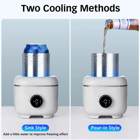 On Point Desktop Drink Chiller And Warmer With Heavy Duty Aluminum Mug and Cool Vibe Mood Light showing sink and pour-in cooling methods.