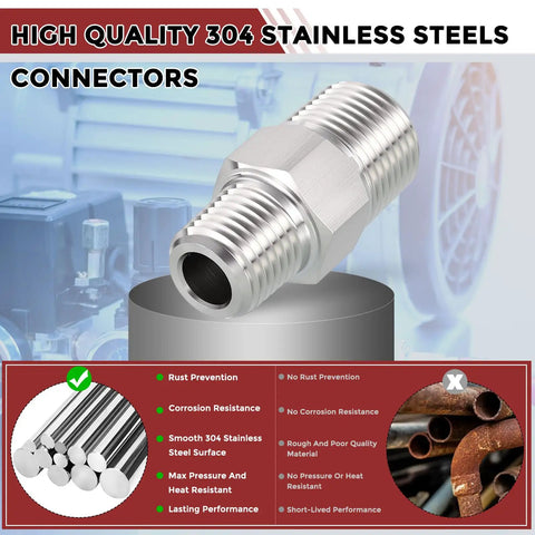 Rock Solid Three Eighths Inch NPT To One Quarter Inch NPT Stainless Steel Hex Nipple Hose Connector Adapter For Pipe Repair