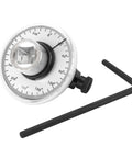 Torque Angle Gauge For One Half Inch Drive Tools With 360 Degree Scale In Two Degree Increments, Adjustable Arm In Two Lengths, Chrome Steel Build For Tough Auto Shop Jobs. angle gauge with black arm