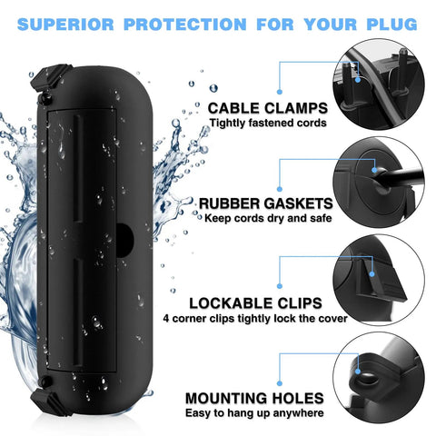 Nine Pack Outdoor Extension Cord Safety Covers IPX4 Waterproof Connection Protector Weatherproof Electrical Box for Outdoor Plugs and Holiday Lights Black with cable clamps, rubber gaskets, lockable clips, and mounting holes.