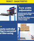 Ultra Hardcore Heavy Duty Semi Electric Pallet Stackers With Remote Control For Smooth Warehouse Hauling And No Sweat 1500 Pound Load Capacity Adjustable Forks showing adjustable fork width and remote control feature.