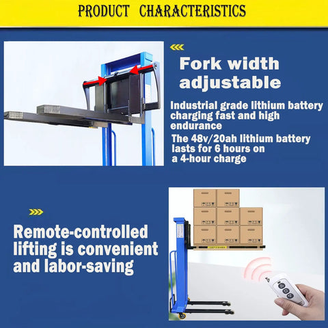 Ultra Hardcore Heavy Duty Semi Electric Pallet Stackers With Remote Control For Smooth Warehouse Hauling And No Sweat 1500 Pound Load Capacity Adjustable Forks showing adjustable fork width and remote control feature.