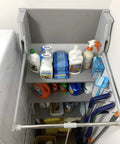 SuperLift Pull Down Closet Rod System With Gray Finish And Back Wall Mount Brackets showcasing organized cleaning products