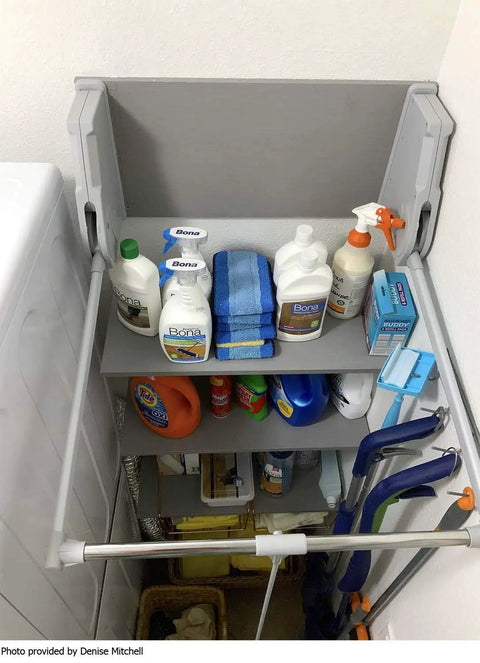 SuperLift Pull Down Closet Rod System With Gray Finish And Back Wall Mount Brackets showcasing organized cleaning products
