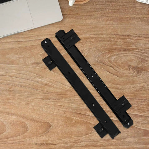 Heavy Duty Keyboard Tray Slide Rail For Computer Desk Runs Slick As Butter With Premium Glide Track Drawer Guide For Daily Typing And Solid Home Office Setup, showing black steel slide rail on wooden desk.