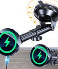 MagSafe Car Mount Charger With Ultra Magnetic Phone Holder for iPhone 12 through 17, showing suction and vent mount options.