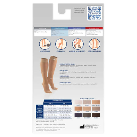 Womens Knee High Compression Stockings 15 To 20 Mmhg Sheer Nude Nylons 20 Denier Open Toe support hose packaging details and features.