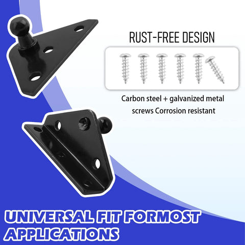 Front view of 4-pack black triangular 10mm ball-stud mounting brackets with screws for heavy-duty gas struts