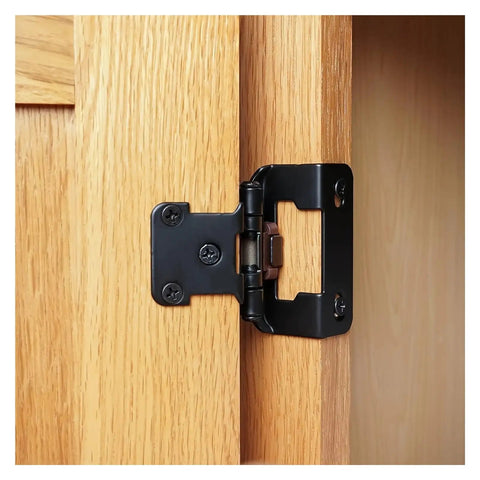 Set Of 2 Overlay Partial Wrap Cabinet Door Hinges installed on wooden cabinet, one color finish, easy install for kitchen cabinets