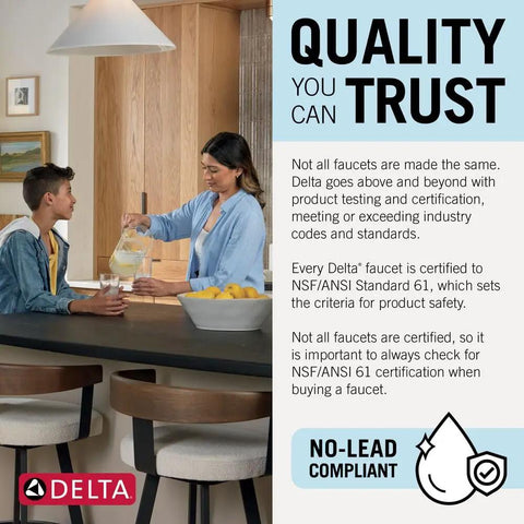 Image of a woman pouring lemonade at a kitchen counter with a child, emphasizing quality in faucets and safety certification.