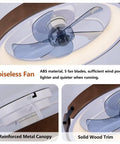 20" Walnut Flush Mount Ceiling Fan with LED Light, 5 transparent ABS blades, reinforced metal canopy, solid wood trim.
