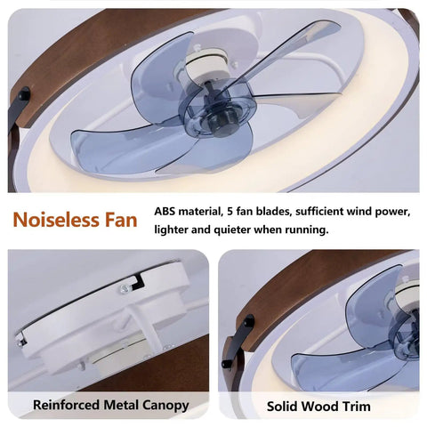 20" Walnut Flush Mount Ceiling Fan with LED Light, 5 transparent ABS blades, reinforced metal canopy, solid wood trim.