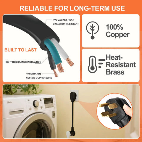 Three Prong To Four Prong Dryer Adapter Cord One And A Half Foot Flexible 30A 250V NEMA 14 30P To 10 30R Copper Wire
