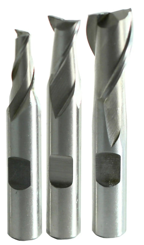 High Speed Steel End Mill Set With 3/8 Inch Shank Includes 1/4, 3/8, And 1/2 Inch 2 Flute Square End Mills For Slotting Plunging And Edge Milling Built Tough As Nails For Heavy Duty Metalwork
