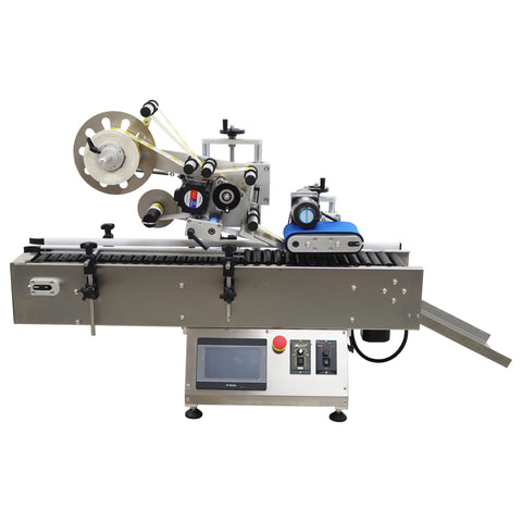 Automatic Desktop Conveyor Roller Labeling Machine For Round Bottles Handles Glass And Plastic Containers At Twenty To Sixty Per Minute Adjustable Guide Rails Emergency Stop Button No Sweat Operation side view showing detailed components and controls.