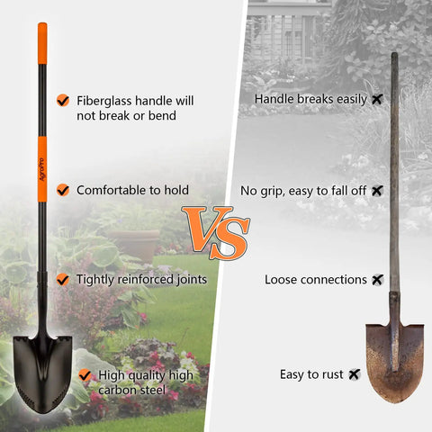 Comparison of Heavy Duty Workhorse Shovel With 58 Inch Length and traditional shovel, showing fiberglass handle and rust resistance features.