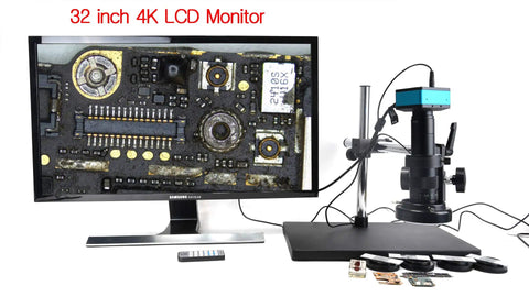 4K HDMI Microscope Camera Kit Pro Grade For Industry Lab And PCB Work, 180X C Mount Lens, Big Stereo Stand, 144 LED Light on 32 inch monitor