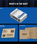 Industrial Unmanaged Gigabit Ethernet Switch With Eight RJ45 Ports And Two SFP Fiber Ports displayed with user guide and packaging box