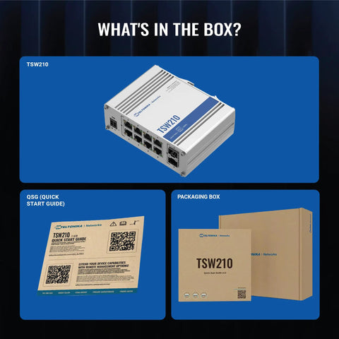 Industrial Unmanaged Gigabit Ethernet Switch With Eight RJ45 Ports And Two SFP Fiber Ports displayed with user guide and packaging box