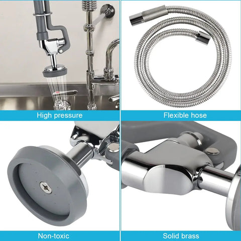 60 Inch Flexible Stainless Pre Rinse Hose With Spray Valve Kit for commercial kitchen faucets in restaurants and hotels.