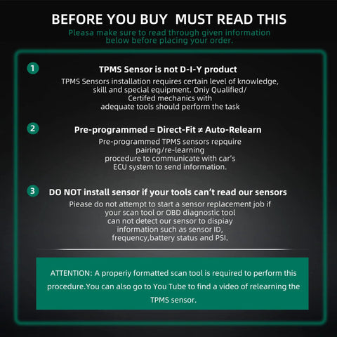 Perfect Replacement TPMS Sensor For GM 315MHz Tire Pressure Monitoring System, instructions graphic for installation and relearn