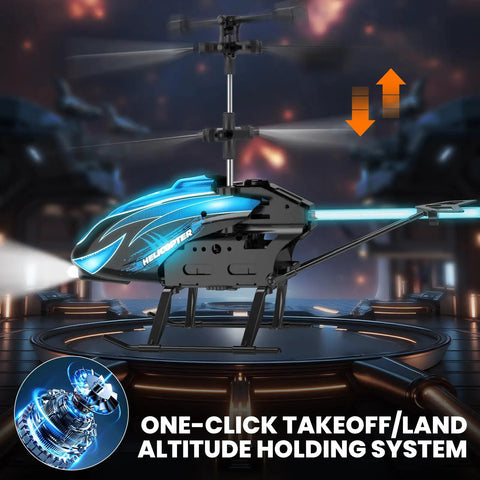 RC Helicopter With LED Lights And Auto Hover, 7 Color Modes Plus Demo Mode, Altitude Hold, One Key Start And Landing on platform