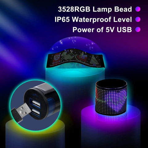 Dope Flexible LED Car Sign With Bluetooth App Control 18.7 By 4.7 Inches, showing RGB beads, USB power, IP65 waterproofing.