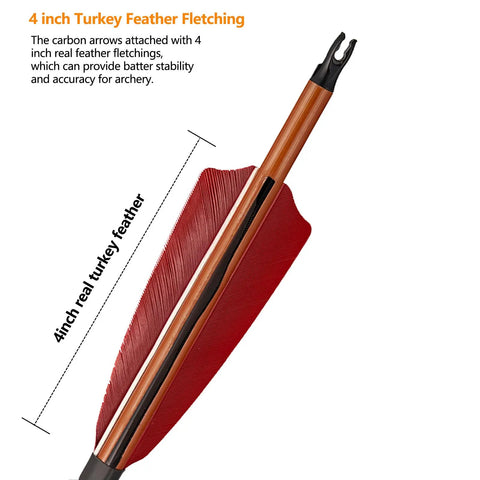 Close-up of brown shaft arrow with 4 inch turkey feather fletching from Premium 30 Inch Carbon Hunting Arrows 12 Pack