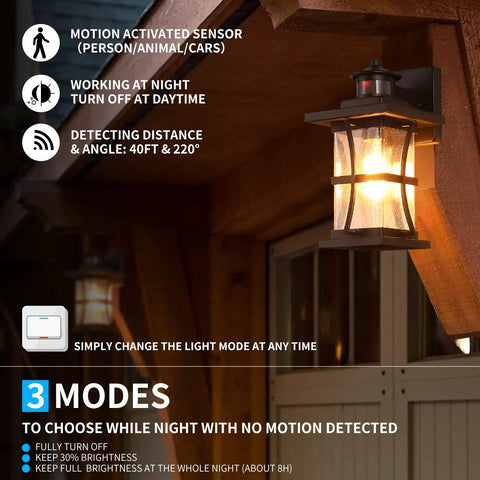 Motion Sensor Outdoor Wall Light With Dusk To Dawn Sensor, Waterproof Black Seeded Glass Porch Lantern For House And Garage, Anti Rust Exterior Lighting, Wall Mount Fixture