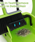 Triple Pack Super Sized Commercial Broom And Dustpan Set With Extra Long Handle showing built-in teeth for removing stuck debris.