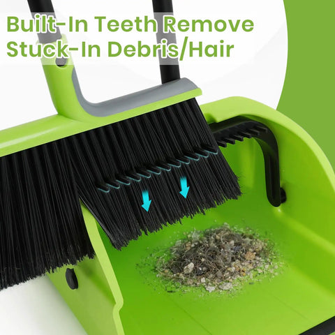 Triple Pack Super Sized Commercial Broom And Dustpan Set With Extra Long Handle showing built-in teeth for removing stuck debris.