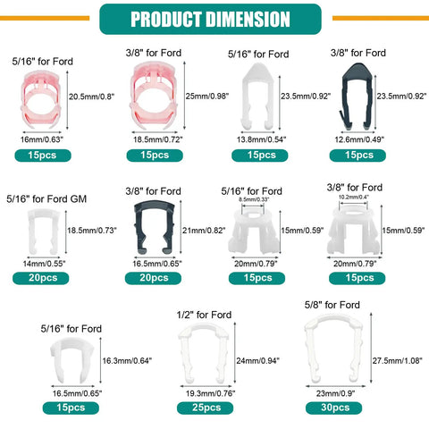 Diagram showing Massive 200 Piece Fuel Line Retainer Clip Kit dimensions for Ford GM Chrysler with 11 sizes from 5/16 to 5/8 inch.