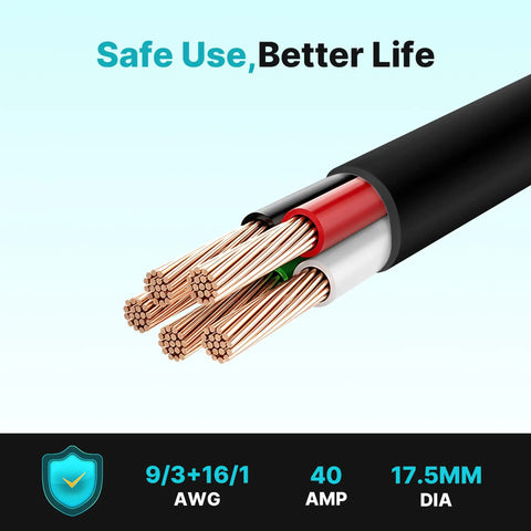 Close-up of Rock Solid EV Charger Extension Cable with J1772 to Tesla adapter, showcasing pure copper conductors and 40 Amp rating.