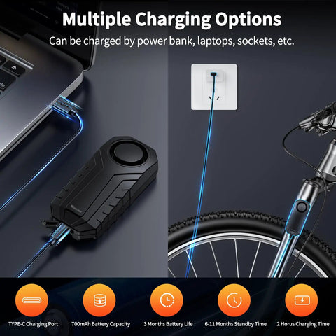 Wireless Bike Alarm With Remote Rechargeable 113dB Loud Anti Theft System IP65 Waterproof For E Bikes Motorcycles Scooters Outdoor Riding And Cycling Safety, Type-C charging