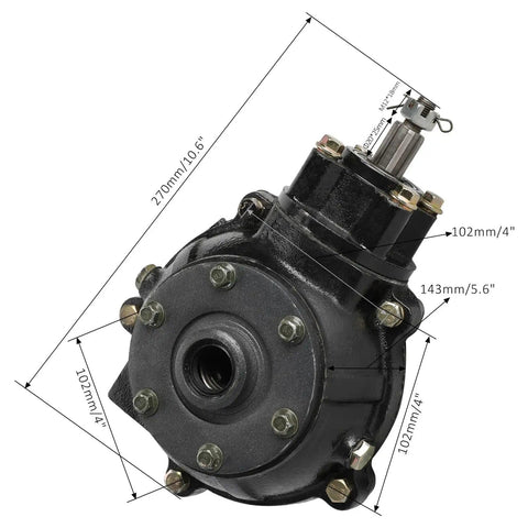Close-up of Beefy Reverse Transmission Gear Box With 720mm Drive Shaft And Differential Housing for 4WD vehicles, black alloy steel.