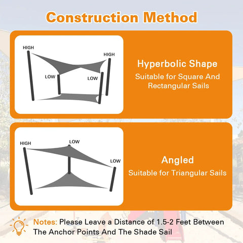 Diagram showing construction methods for hyperbolic and angled shade sails.